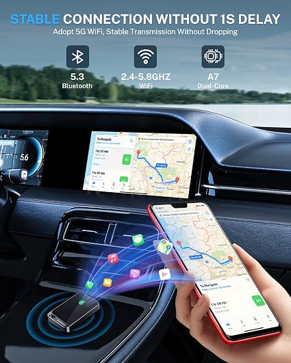 Jemluse Wireless CarPlay Adapter for Apple iPhone - Multi-User Seamless Connection for Convert Wired to Wireless Car Play Adapter