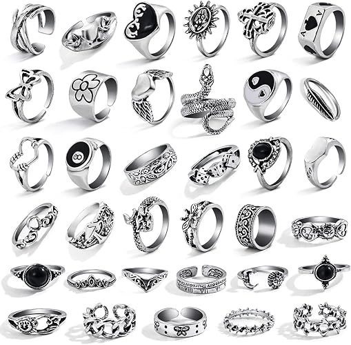 26-35 Pcs Vintage Silver Knuckle Ring Set for Women Men, Gothic Rings