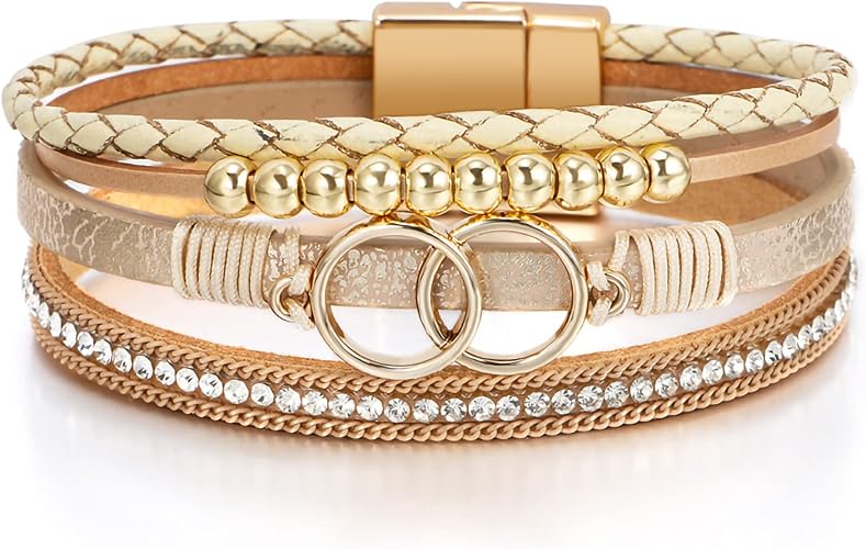 Fesciory Leather Wrap Bracelet for Women, Boho Western Layered Cuff Jewelry