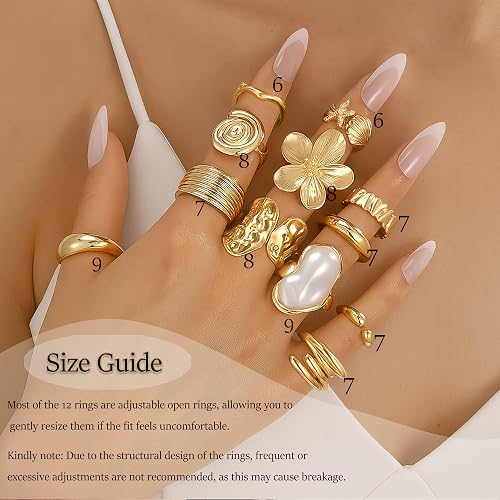 FAXHION 12 PCS Chunky Gold Plated Rings for Women Statement Flower Ring Set