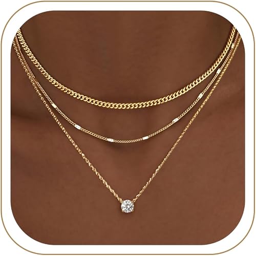 WomenGifts Layered Gold Necklaces for Women, 14K Gold Sterling Silver Plated Dainty Pendant Necklace Set Non Tarnish,