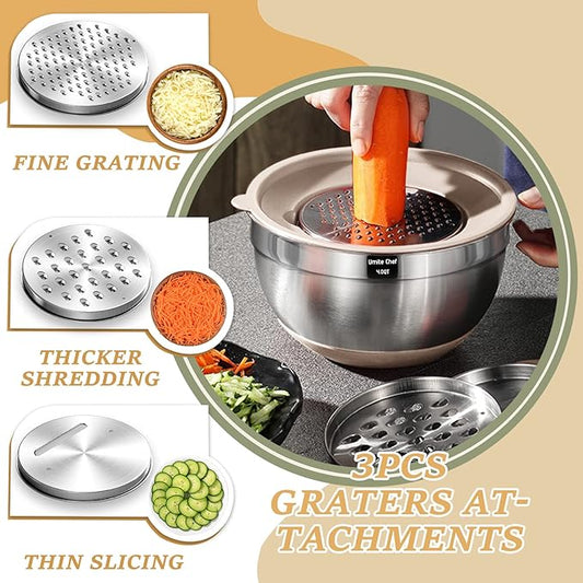 Mixing Bowls with Airtight Lids Set, 26PCS Stainless Steel Khaki Bowls with Grater Attachments, Non-Slip Bottoms & Kitchen Gadgets