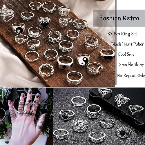 26-35 Pcs Vintage Silver Knuckle Ring Set for Women Men, Gothic Rings
