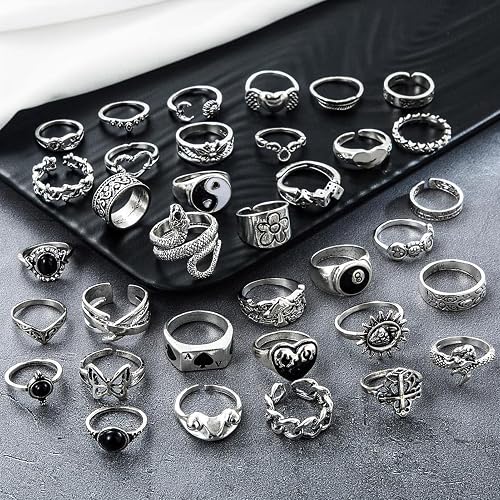 26-35 Pcs Vintage Silver Knuckle Ring Set for Women Men, Gothic Rings
