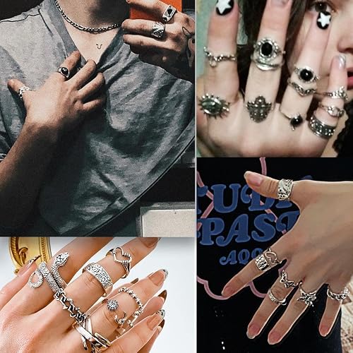 26-35 Pcs Vintage Silver Knuckle Ring Set for Women Men, Gothic Rings