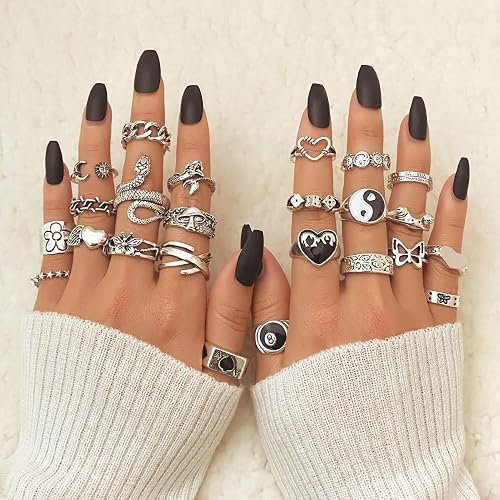 26-35 Pcs Vintage Silver Knuckle Ring Set for Women Men, Gothic Rings